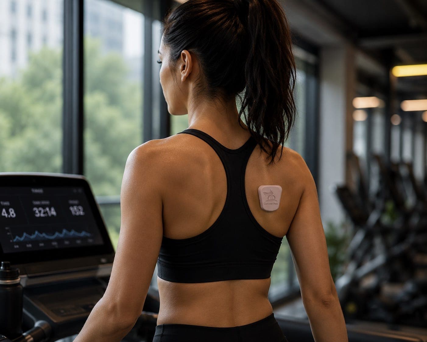 A woman on a treadmill wearing the Muscle Puck patch on her upper back.