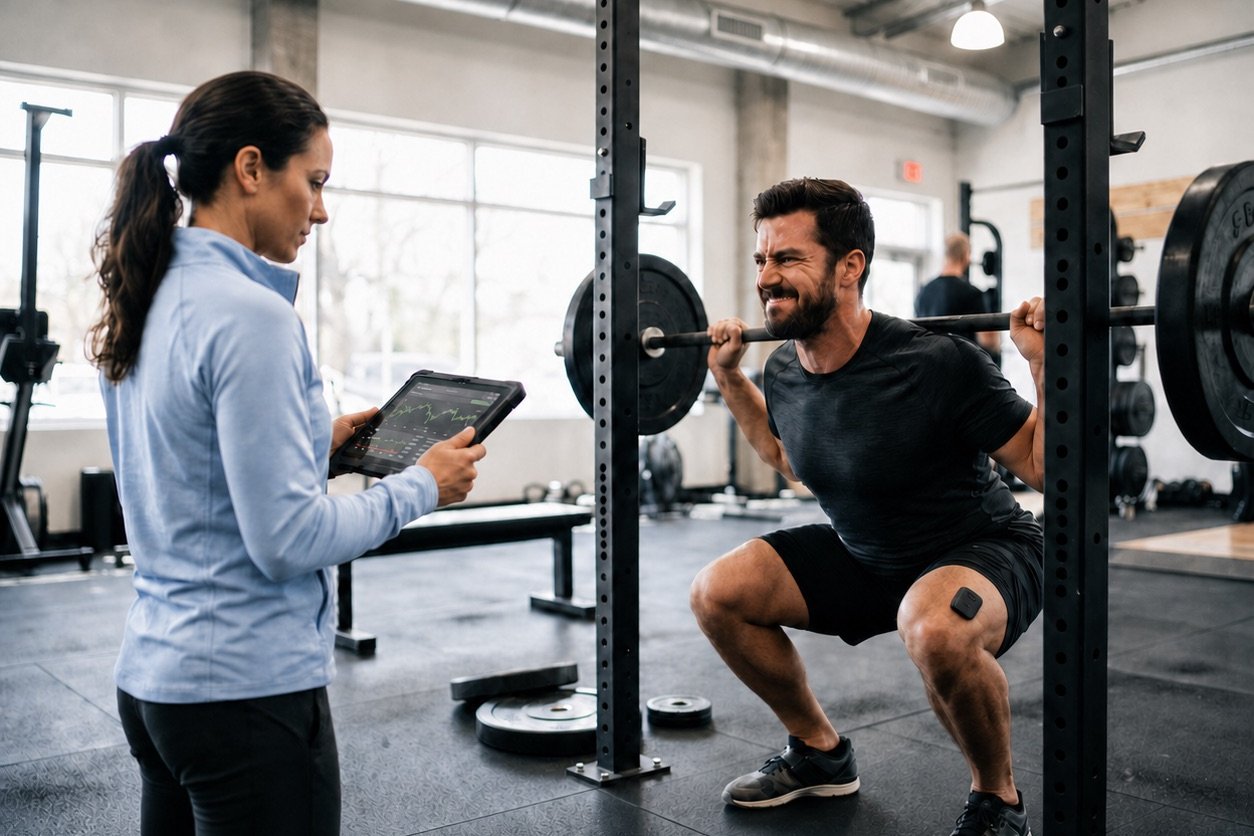 A coach reviews live muscle data on a tablet while an athlete trains, the same rep-by-rep read the Muscle Puck adds alongside Player Load