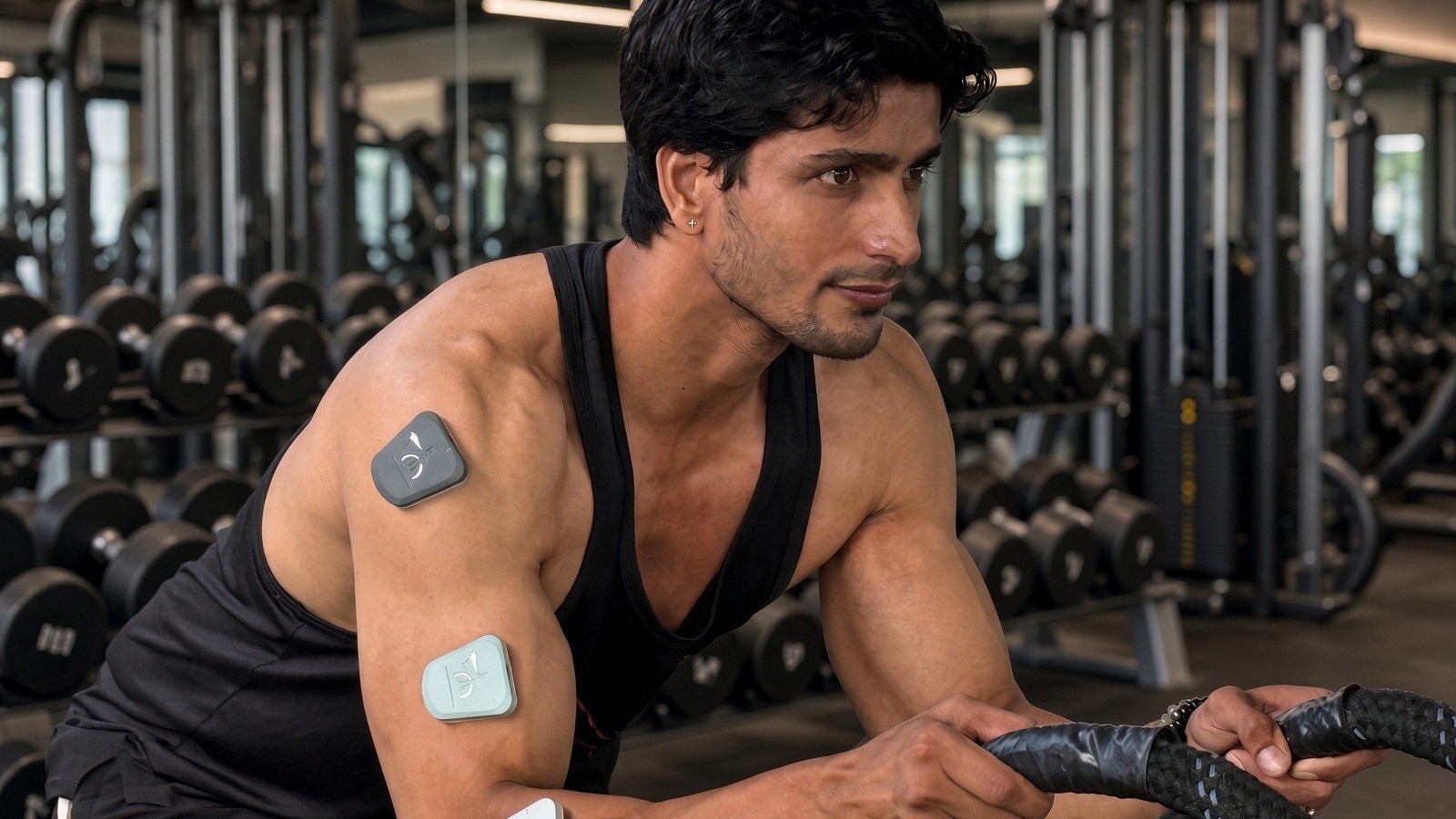 An athlete wears three Muscle Pucks on the forearm, bicep, and shoulder during battle rope training