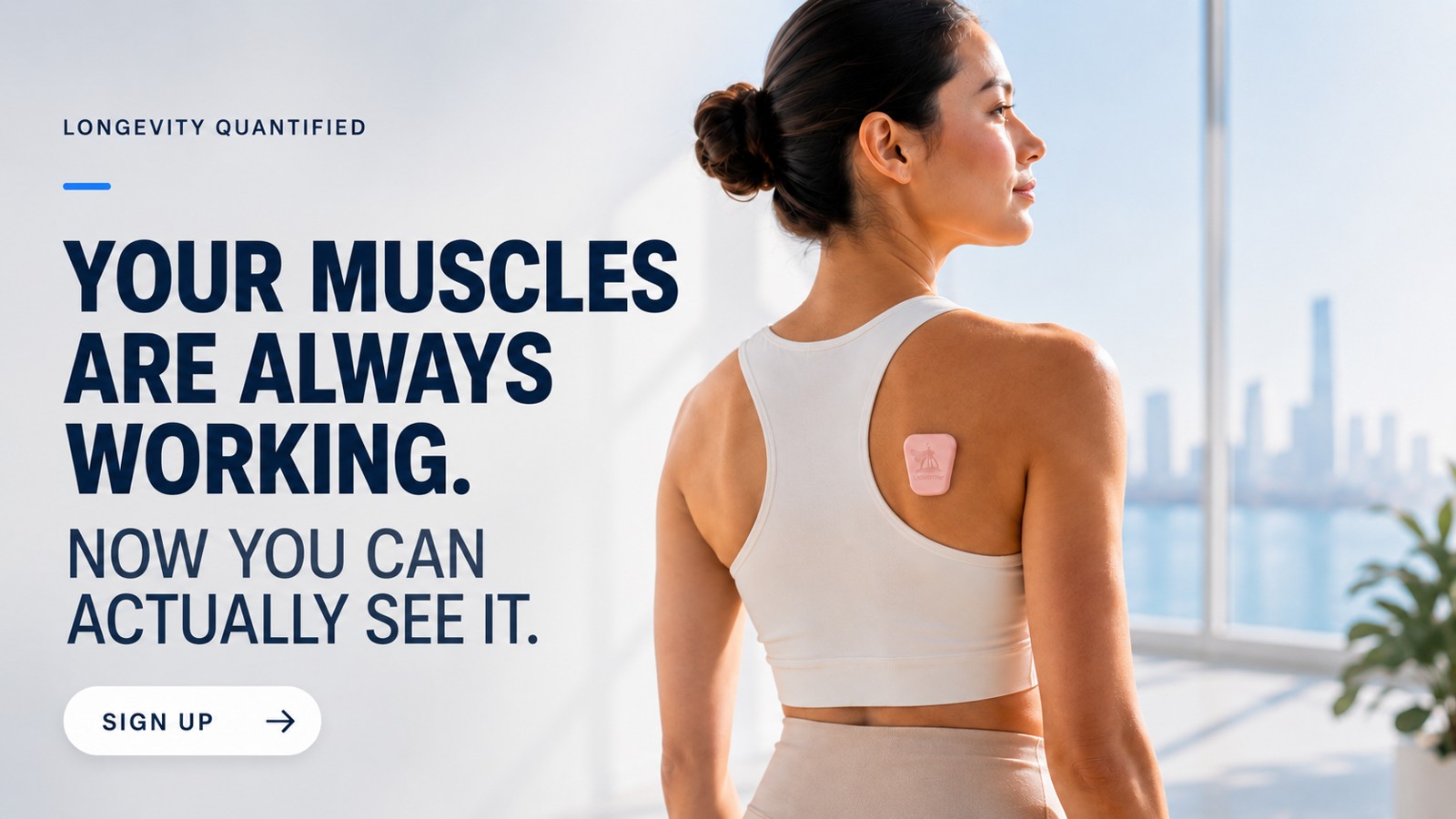Ad graphic: ‘Your muscles are always working. Now you can actually see it.’ — an athlete wearing the Muscle Puck on the shoulder