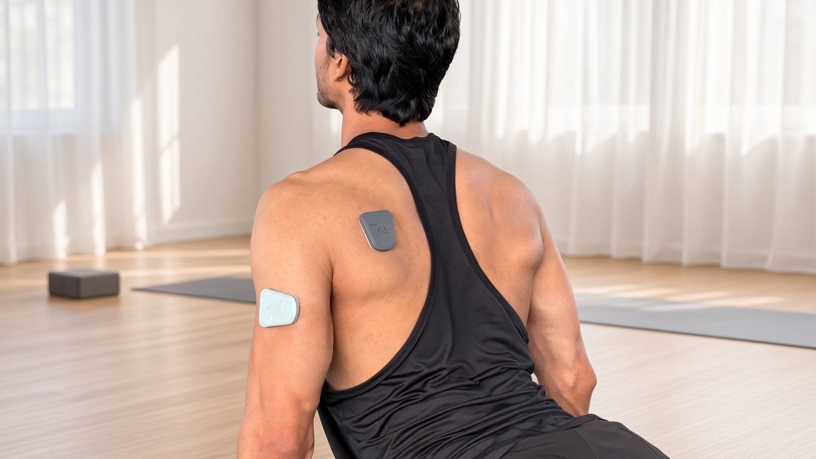 An athlete wears two Muscle Pucks, on the shoulder and bicep, during a mobility stretch