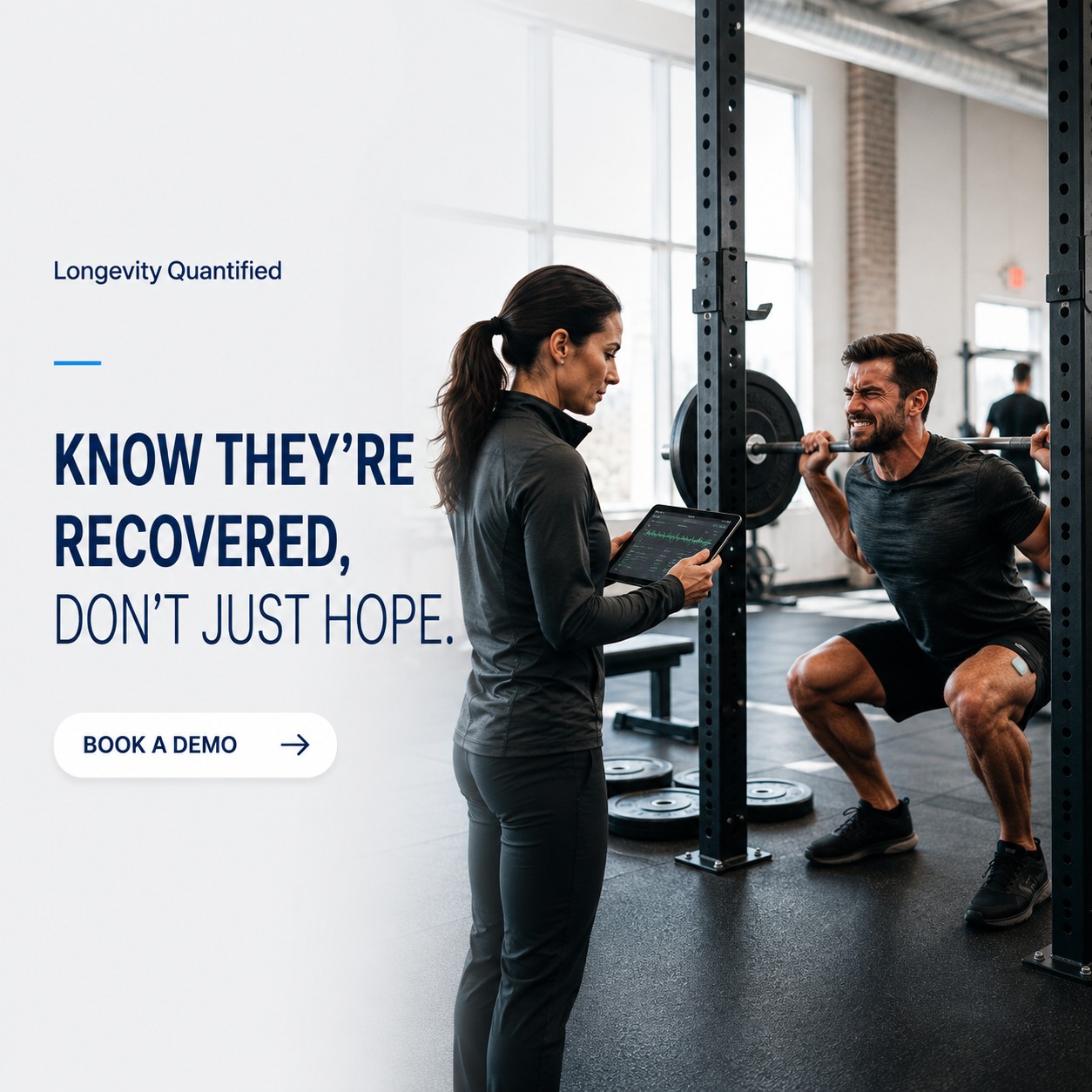 Ad graphic: ‘Know they’re recovered, don’t just hope.’ — a coach reviews muscle data on a tablet while an athlete squats with the Muscle Puck visible on the leg