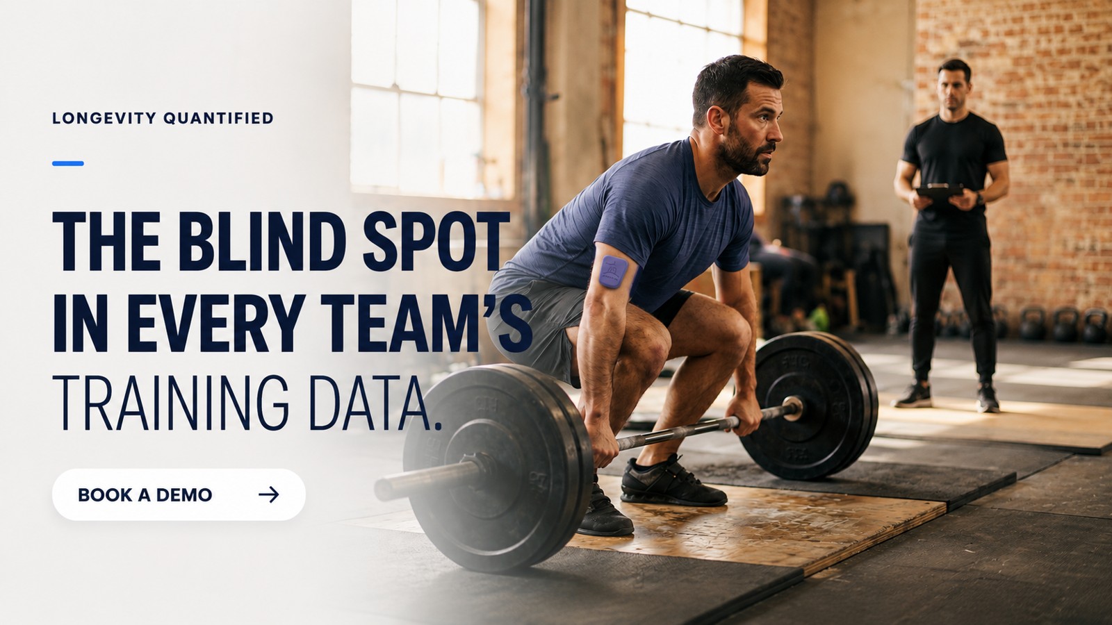 Ad graphic: ‘The blind spot in every team’s training data.’ — an athlete deadlifting with the Muscle Puck on the bicep while a coach reviews notes