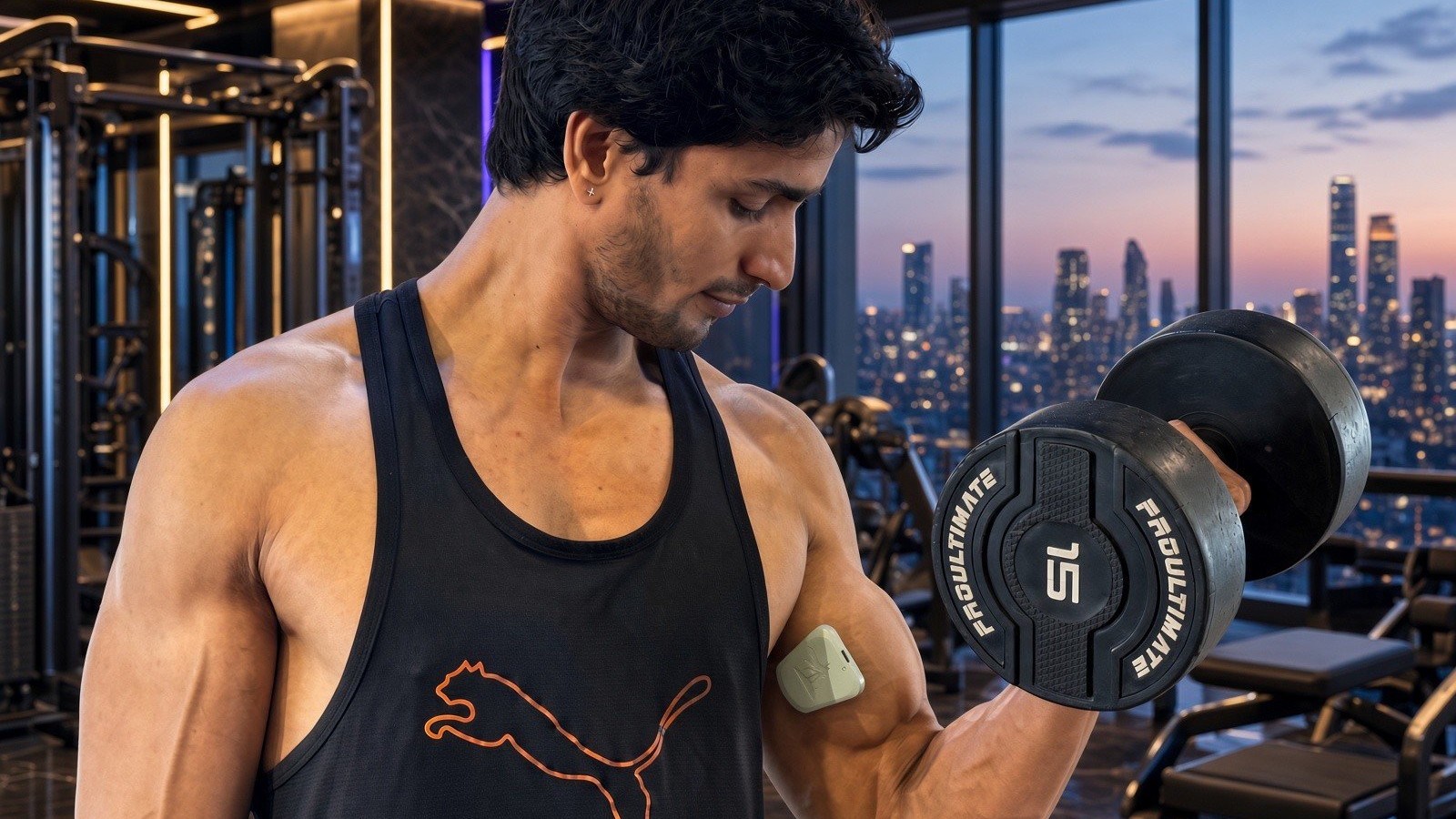 An athlete wears the Muscle Puck on the bicep during a strength training session