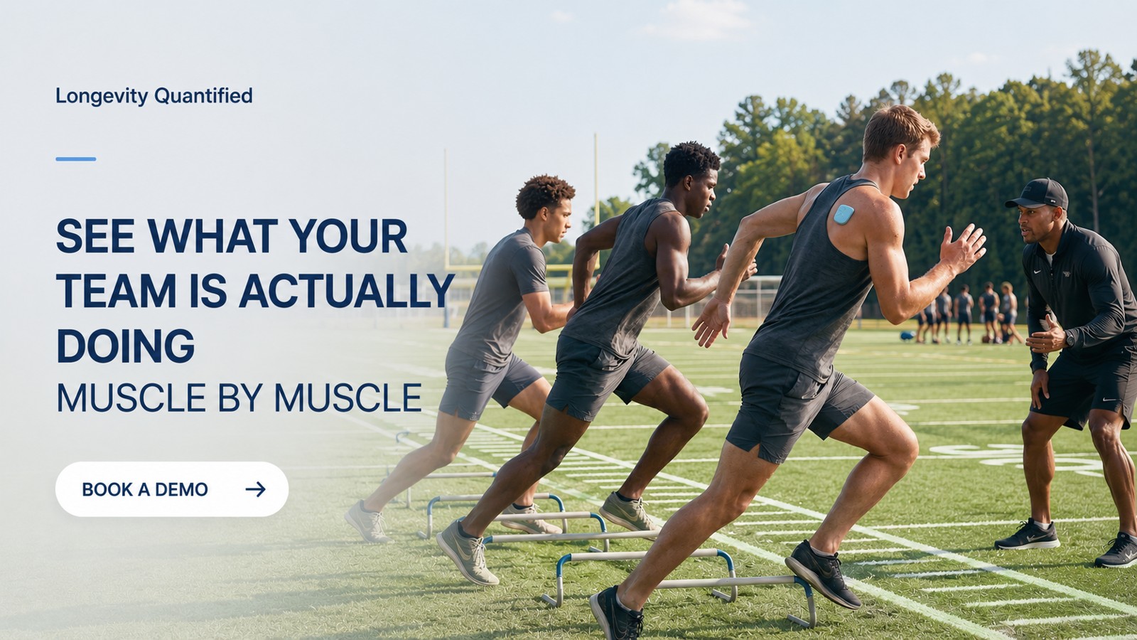 Ad graphic: ‘See what your team is actually doing, muscle by muscle.’ — athletes doing a hurdle sprint drill with the Muscle Puck visible on one athlete's shoulder, coach watching