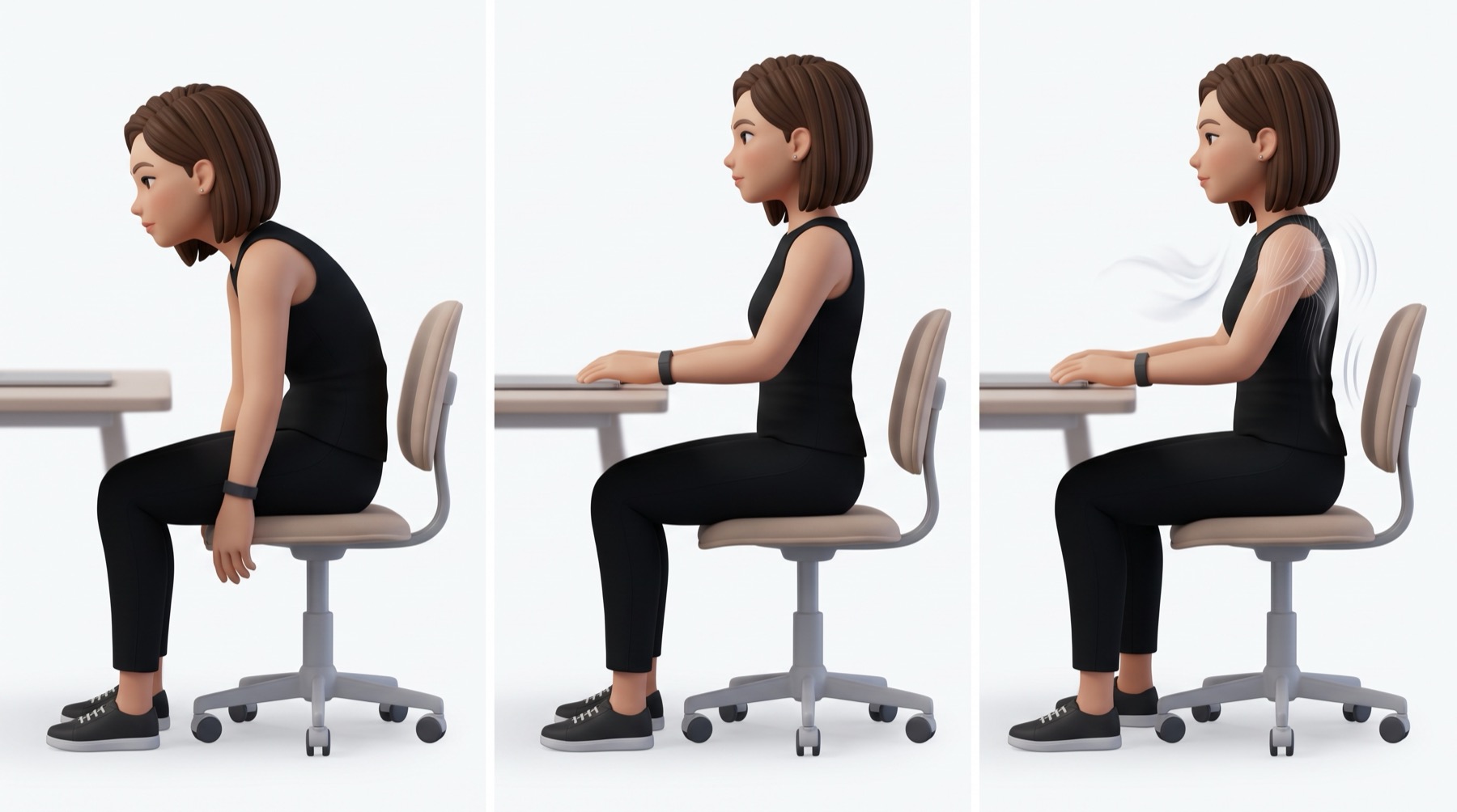 Three panels showing slouched and inactive, rigid and motionless, and upright and naturally active posture