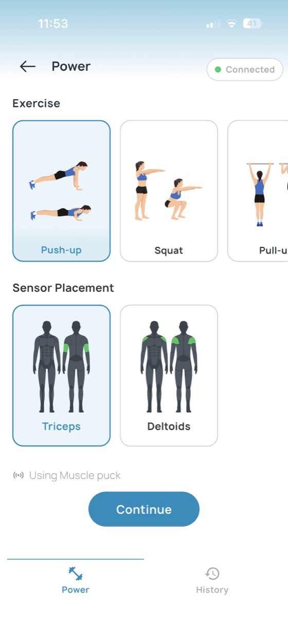 Power app: choosing an exercise and sensor placement on the same screen